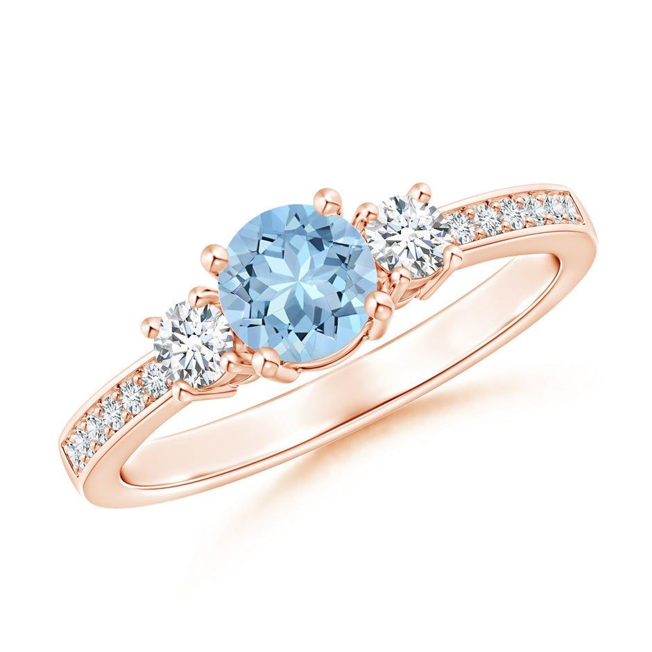 Classic Three Stone Round Aquamarine and Diamond Engagement Ring