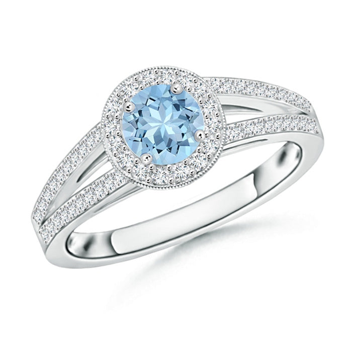 Round Aquamarine Split Shank Ring with Diamond Halo