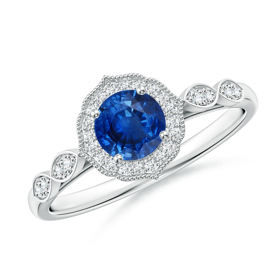 Vintage Inspired Round Blue Sapphire Ornate Halo Engagement Ring