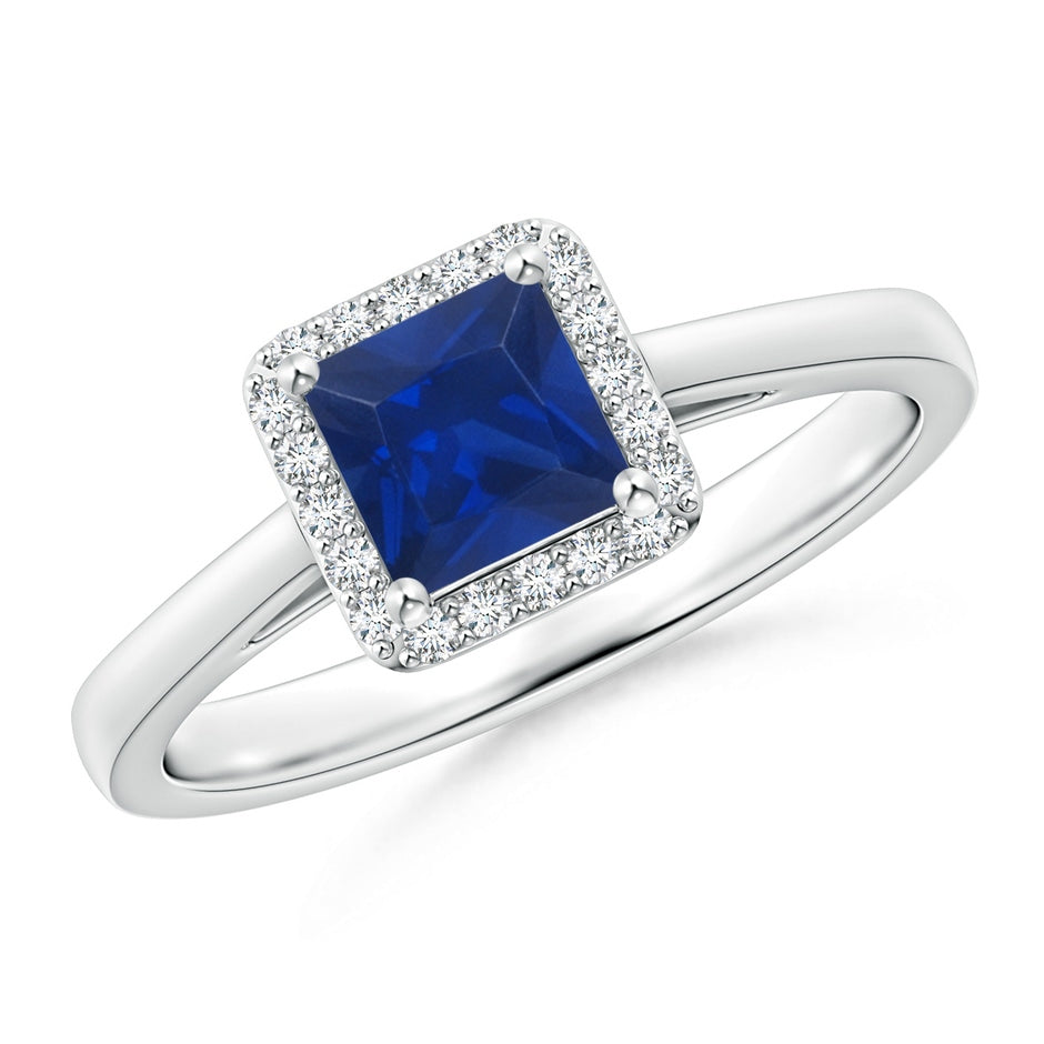 Classic Square Blue Sapphire Halo Engagement Ring