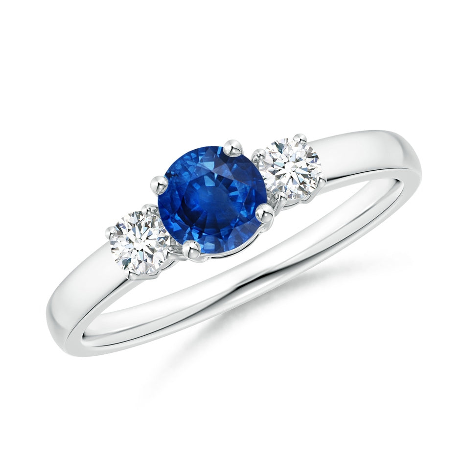 Classic Round Blue Sapphire and Diamond Three Stone Engagement Ring