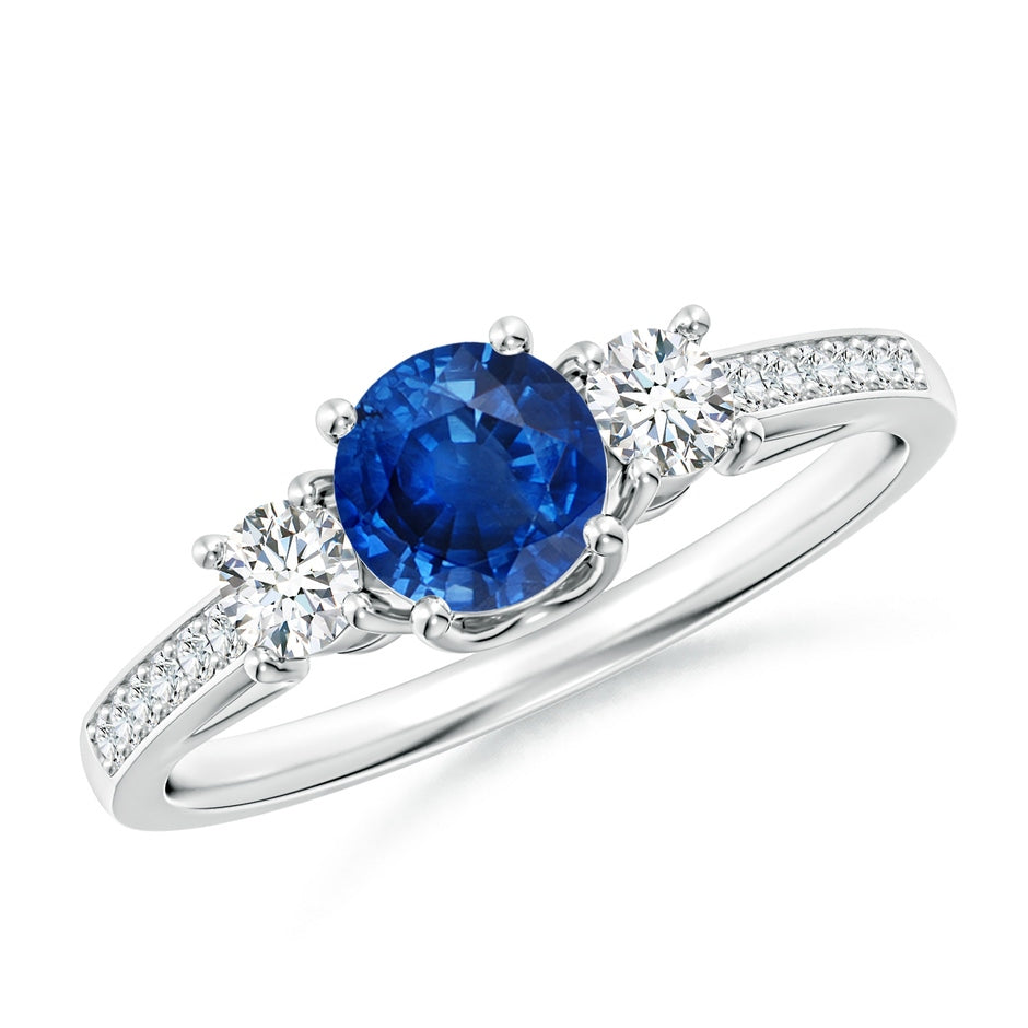 Classic Prong Set Round Blue Sapphire and Diamond Three Stone Engagement Ring