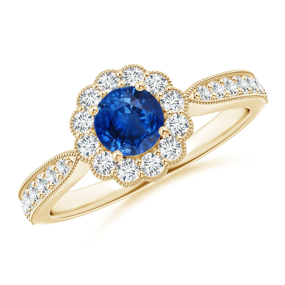 Vintage Inspired Sapphire Milgrain Ring with Diamond Halo