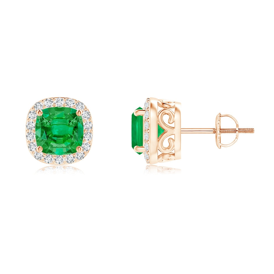 Cushion Emerald Studs with Diamond Halo