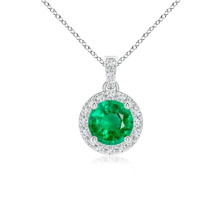 Round Emerald Dangle Pendant with Diamond Halo