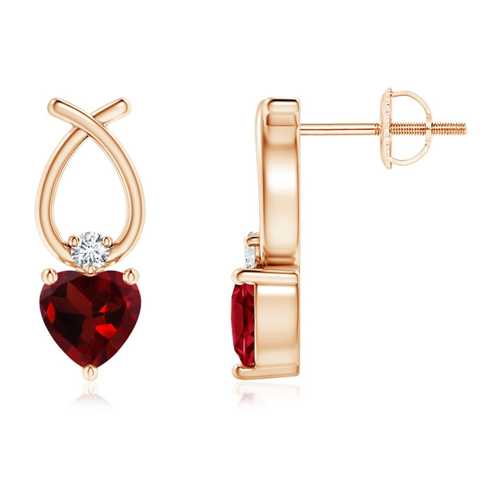 Heart Shaped Garnet Ribbon Earrings with Diamond