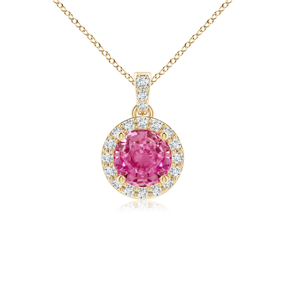 Round Pink Sapphire Dangle Pendant with Diamond Halo