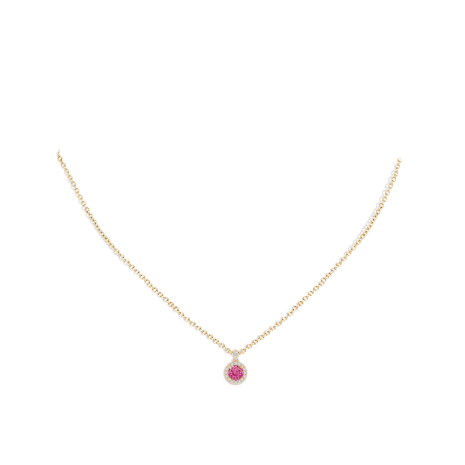Round Pink Sapphire Dangle Pendant with Diamond Halo