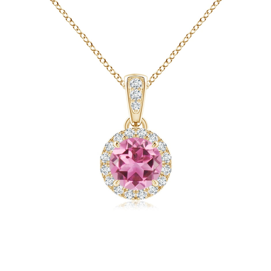 Claw-Set Round Pink Tourmaline Pendant with Diamond Halo