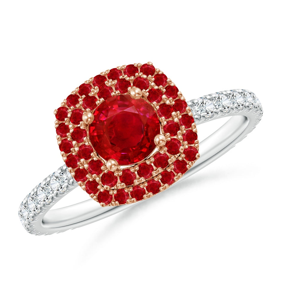 Round Ruby Two Tone Ring with Double Halo