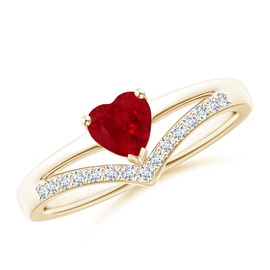 Solitaire Heart Ruby and Diamond Chevron Ring