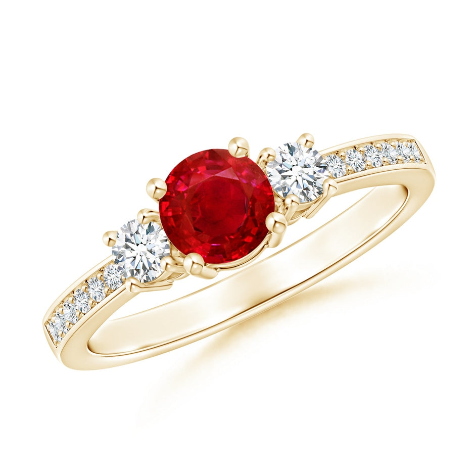 Classic Three Stone Round Ruby and Diamond Engagement Ring