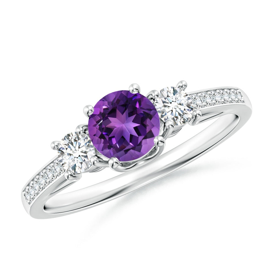 Classic Prong Set Round Amethyst and Diamond Three Stone Ring