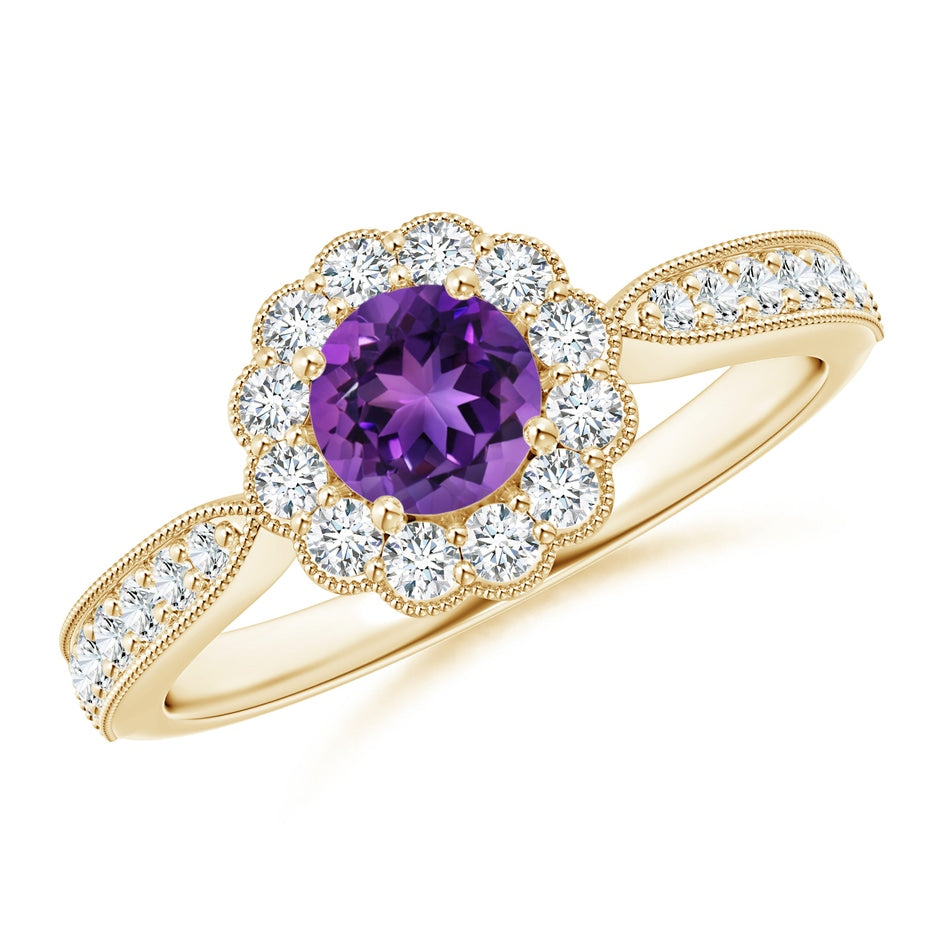 Vintage Inspired Amethyst Milgrain Ring with Diamond Halo