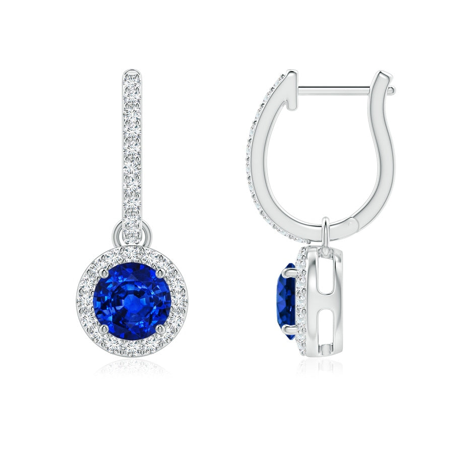 Round Blue Sapphire Dangle Earrings with Diamond Halo
