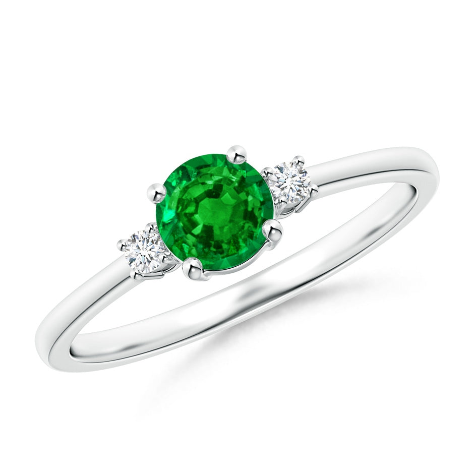 Prong-Set Round 3 Stone Emerald and Diamond Engagement Ring