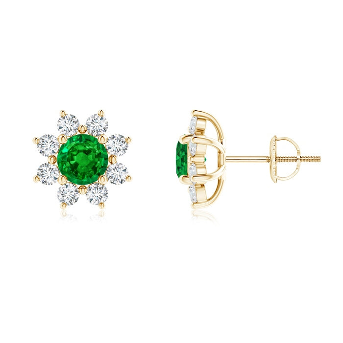 Lab-Grown Round Emerald and Diamond Flower Stud Earrings