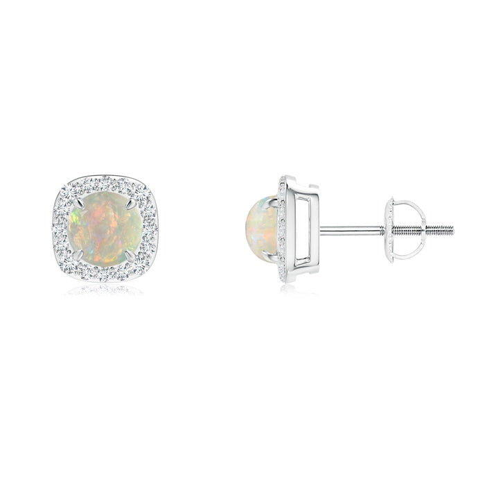Claw-Set Cabochon Opal and Diamond Cushion Halo Earrings