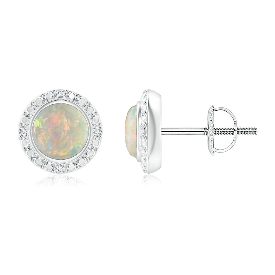 Bezel-Set Round Opal Earrings with Beaded Halo