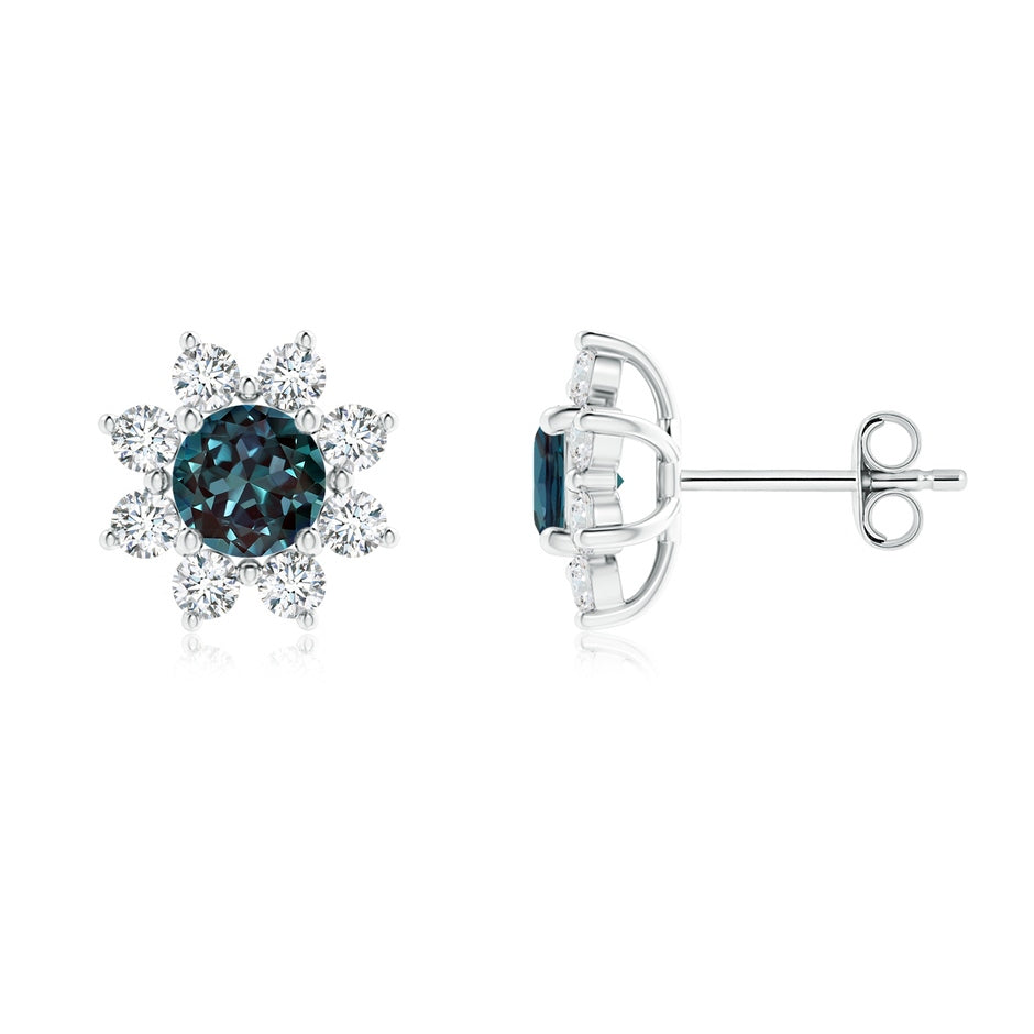 Round Lab-Grown Alexandrite and Diamond Flower Stud Earrings