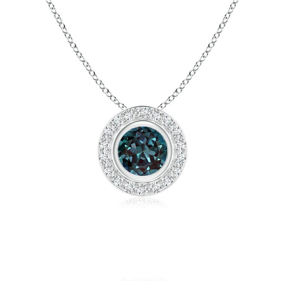 Round Bezel-Set Lab-Grown Alexandrite Pendant with Diamond Halo
