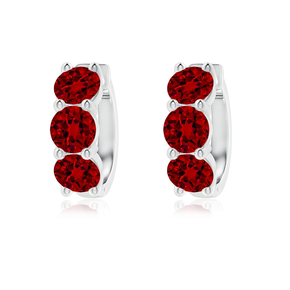 Round Lab-Grown Ruby Three Stone Hoop Earrings