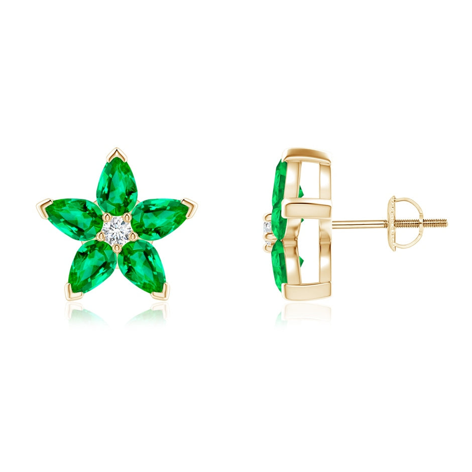 V-Prong Set Emerald and Diamond Flower Stud Earrings