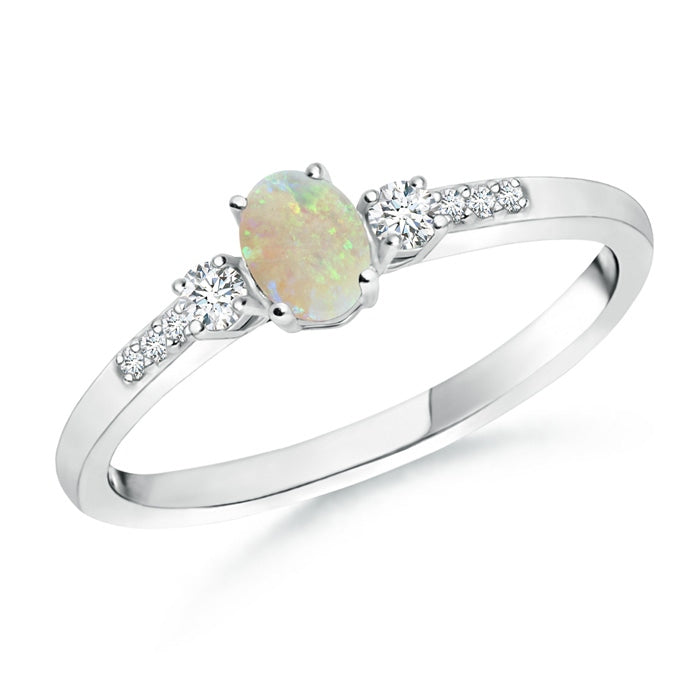 Classic Oval Opal and Round Diamond Three Stone Ring
