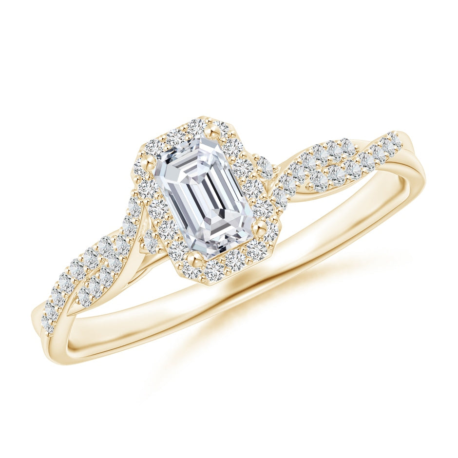 Emerald-Cut Diamond Halo Twisted Shank Ring