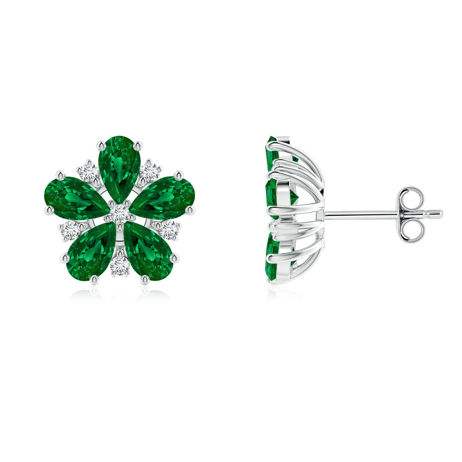 Pear Lab-Grown Emerald and Diamond Flower Stud Earrings