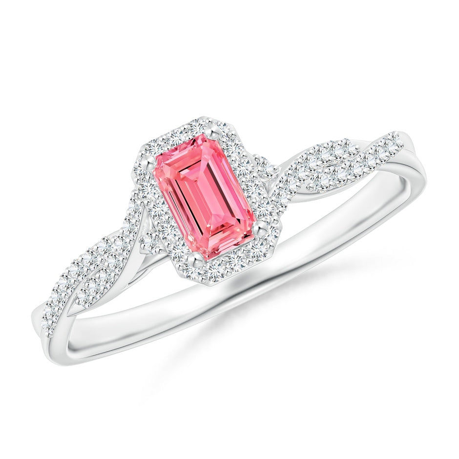 Emerald-Cut Lab-Grown Fancy Intense Pink Diamond Halo Twisted Shank Ring