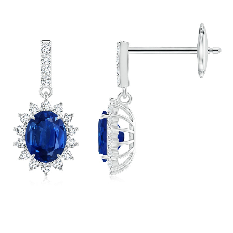 Blue Sapphire Dangle Earrings with Floral Diamond Halo