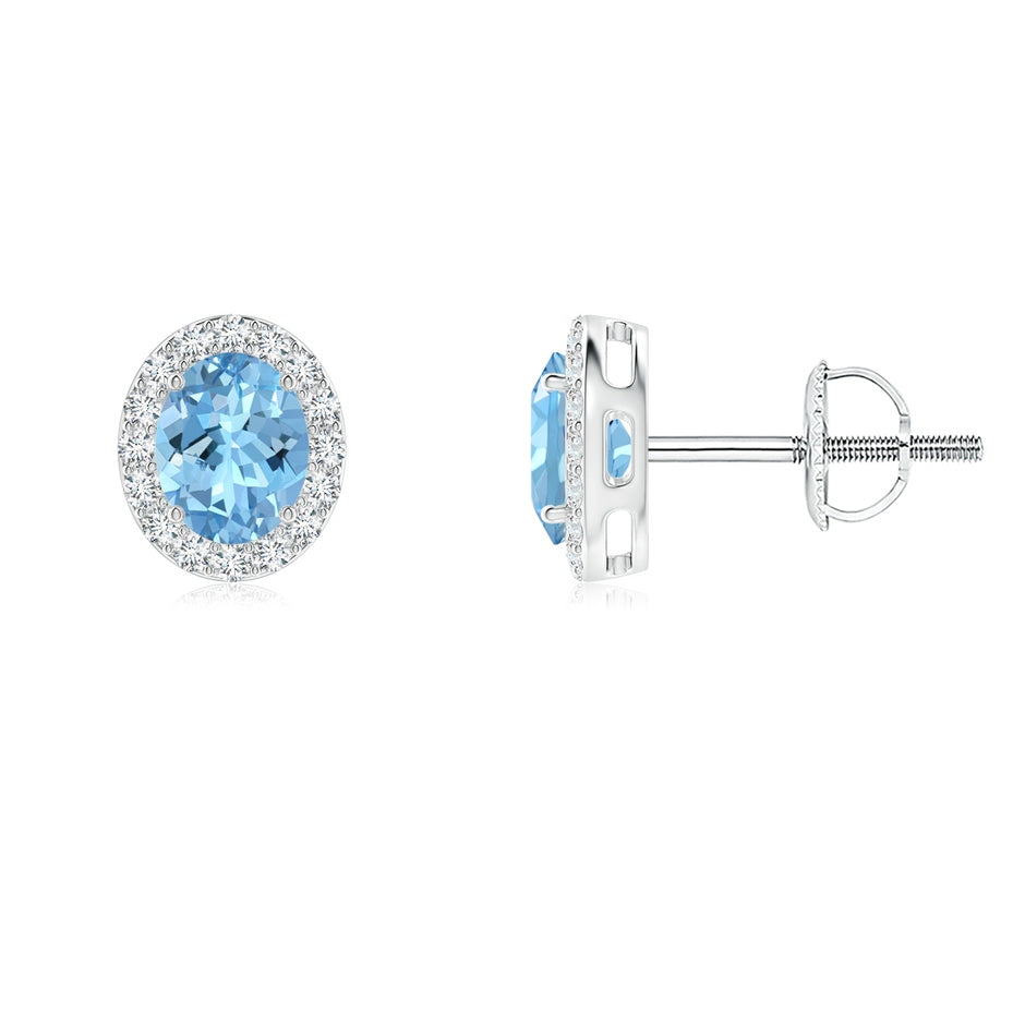 Prong-Set Oval Aquamarine Stud Earrings with Diamond Halo