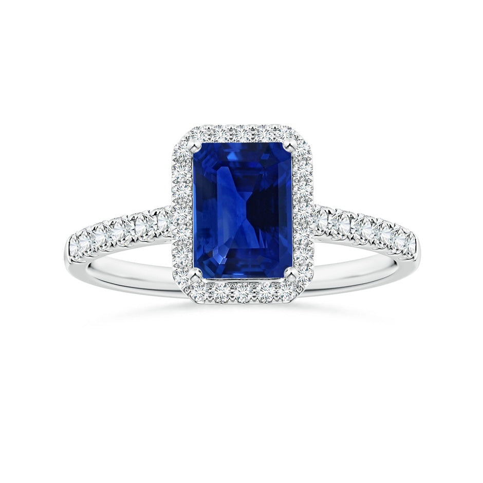 GIA Certified Emerald-Cut Blue Sapphire Halo Ring with Diamonds