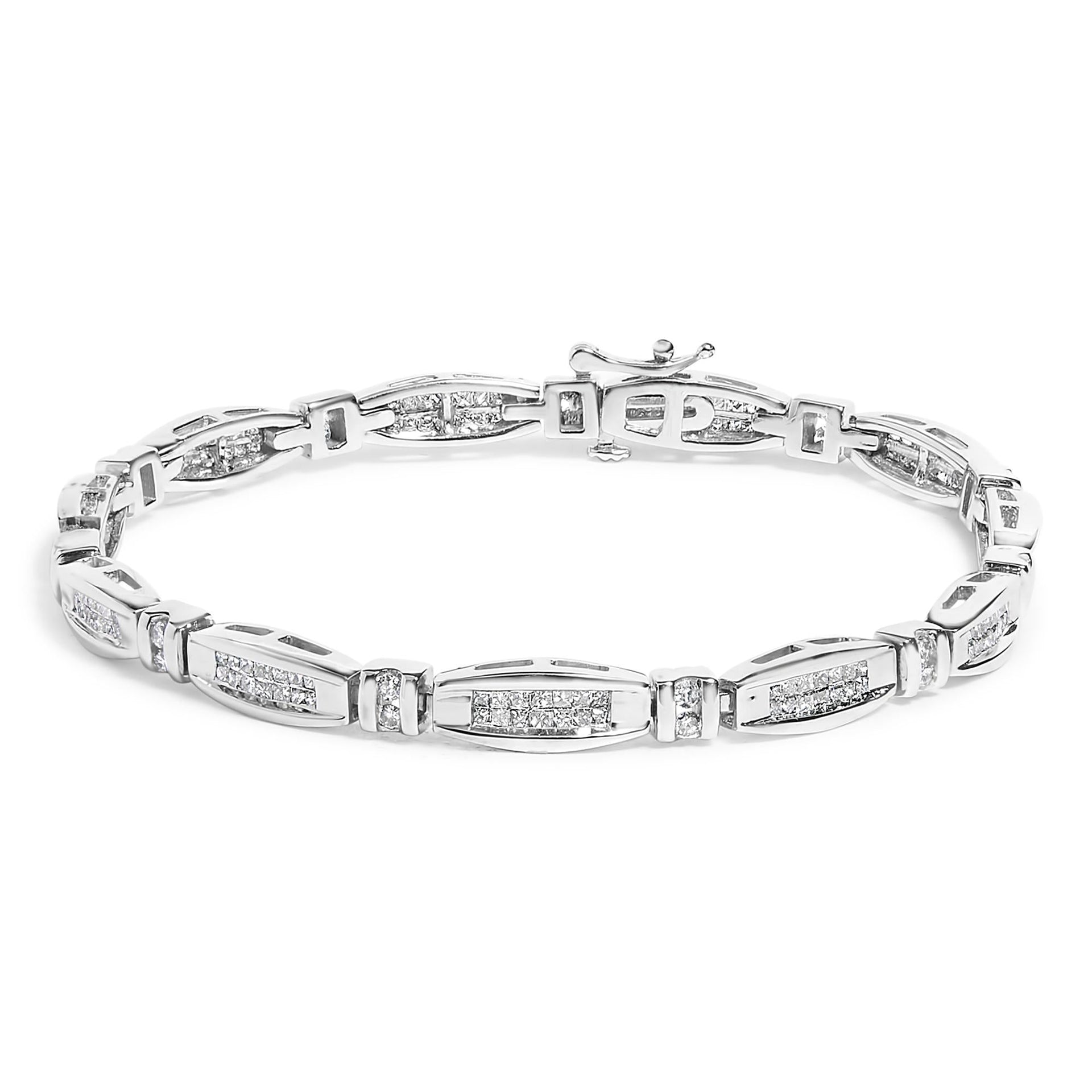 14K White Gold 2.0 Cttw Princess and Round Diamond Bar and Link Bracelet (I-J Color, I1-I2 Clarity) - 7.25' Inches