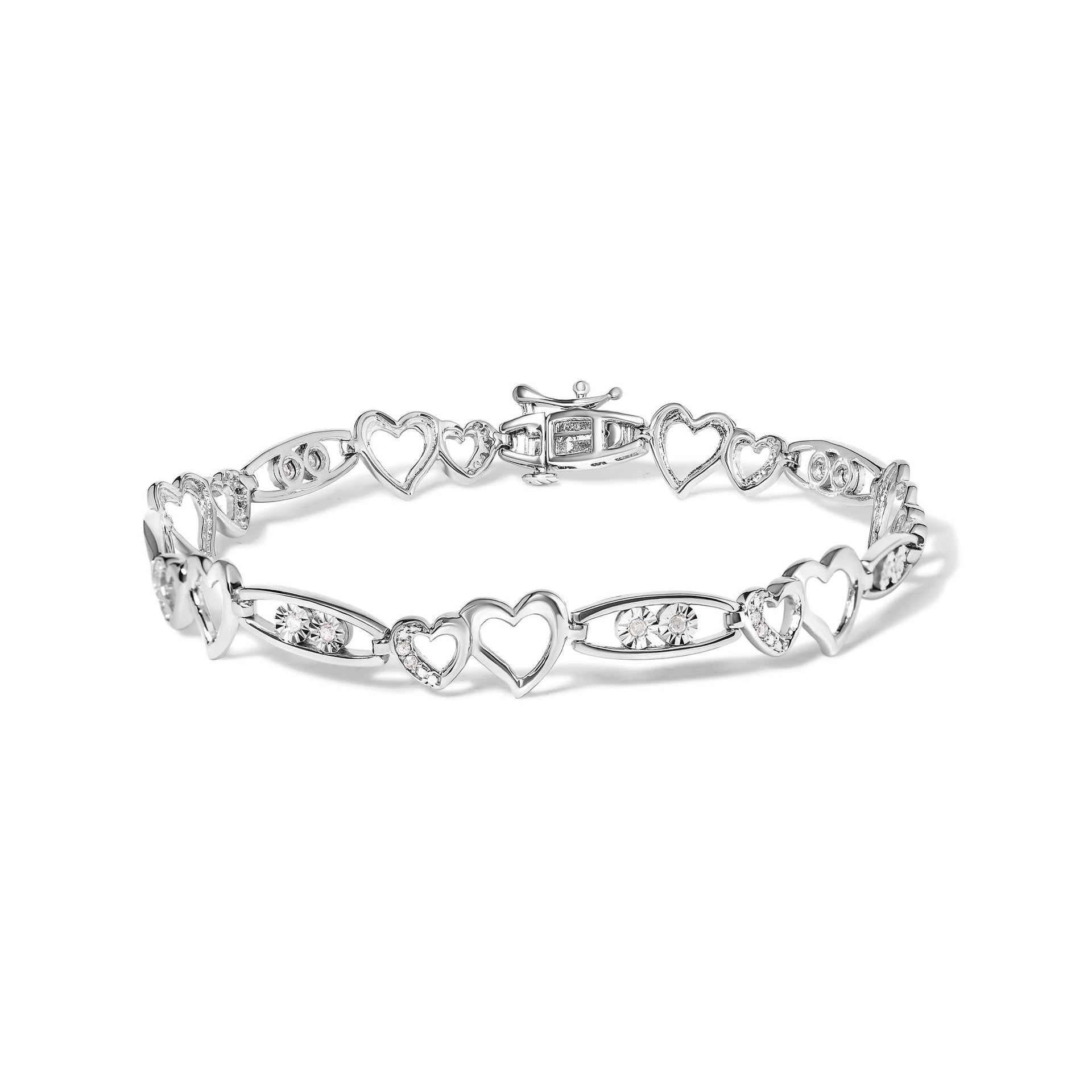 925 Sterling Silver 1/5 Cttw Diamond Double Heart Link Bracelet (I-J Color, I3 Clarity) - 7.25' Inches