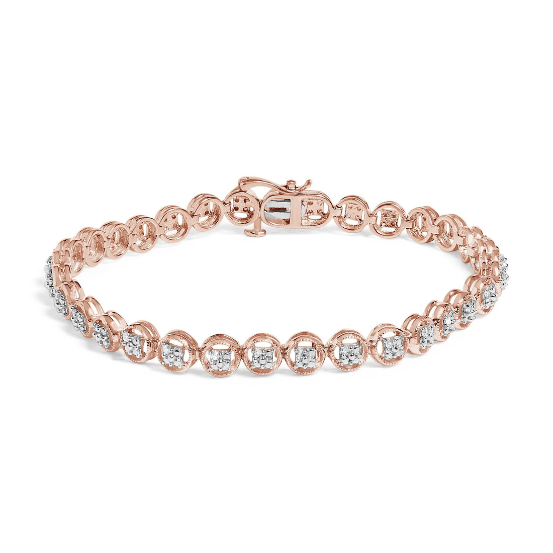 .925 Sterling Silver 1/10 Cttw Diamond Open Circle Beaded Wheel Link Tennis Bracelet (I-J Color, I3 Clarity) - 7.25"