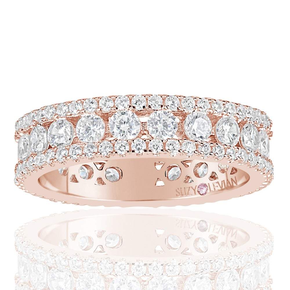 Suzy Levian Rose Sterling Silver Cubic Zirconia White Three Row Modern Eternity Band