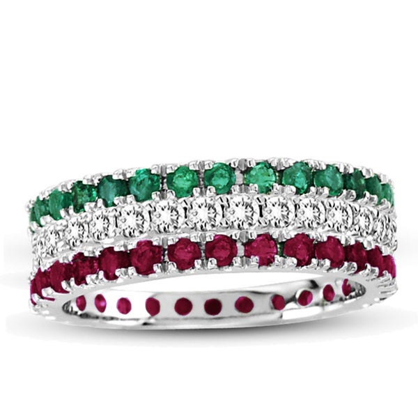 Suzy Levian 14K White Gold Diamond Ruby Emerald 3-piece Eternity Band Ring Set