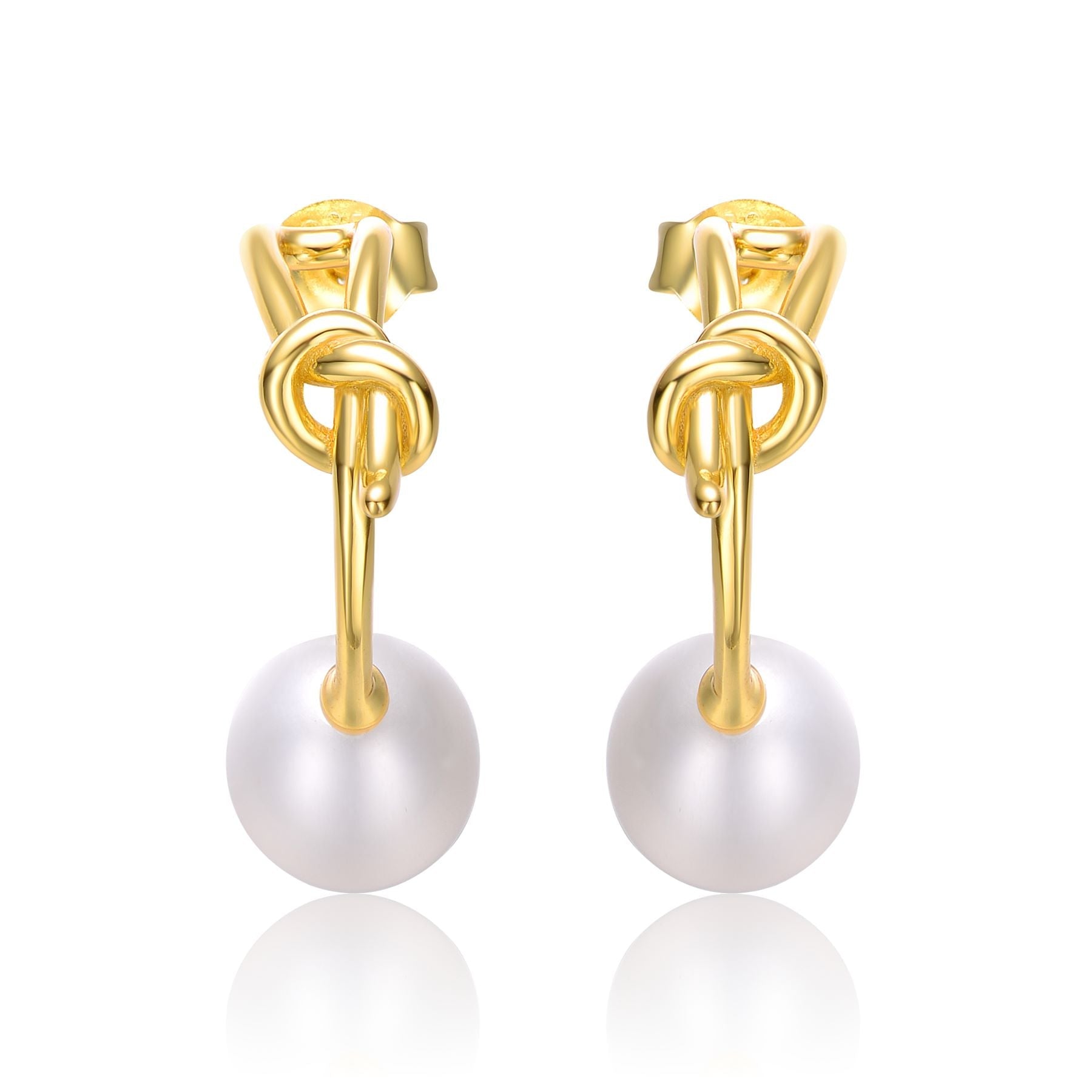 Sterling Silver 14k Yellow Gold Plated with White Pearl Love Knot Half-Hoop Earrings