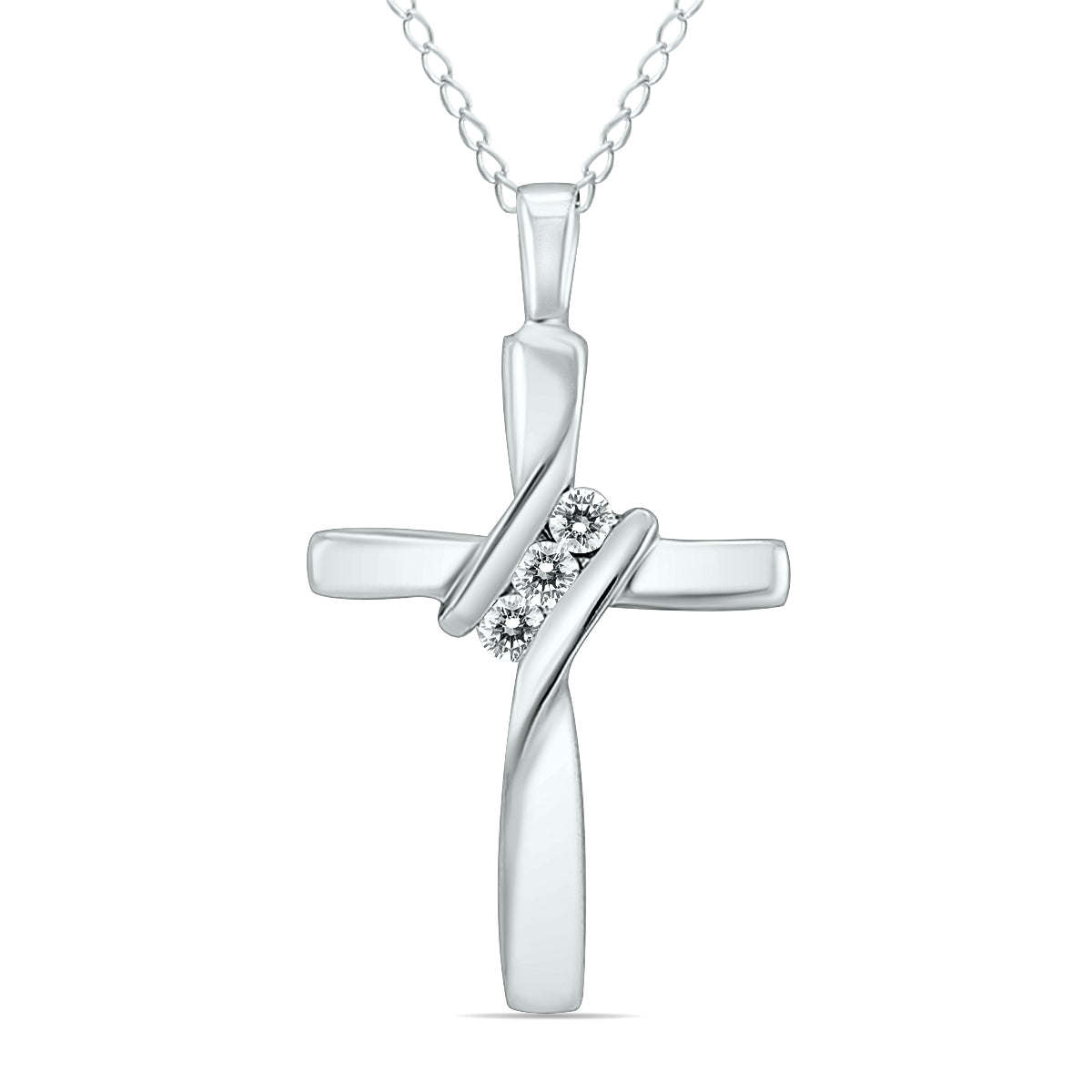 Three Stone Diamond Cross Pendant In 10K White Gold