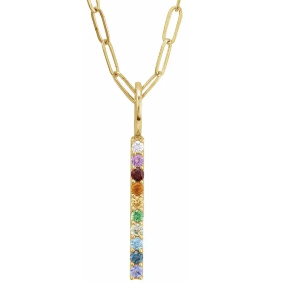 14K Yellow Natural Multi-Gemstone Rainbow Bar Pendant 1' Tall 18' Necklace