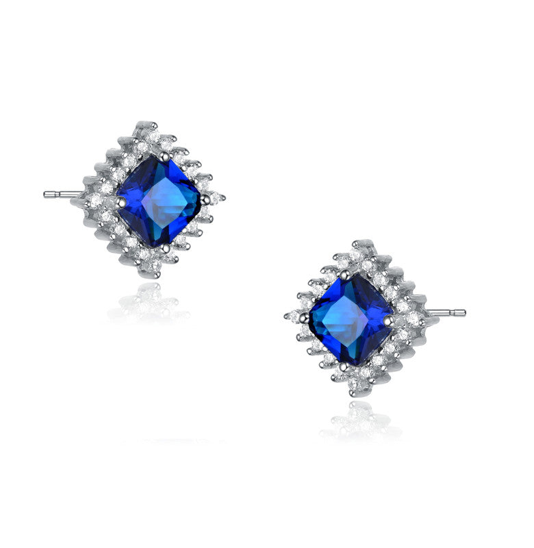 Genevive Jewelry Sterling Silver Sapphire Cubic Zirconia Square Earrings