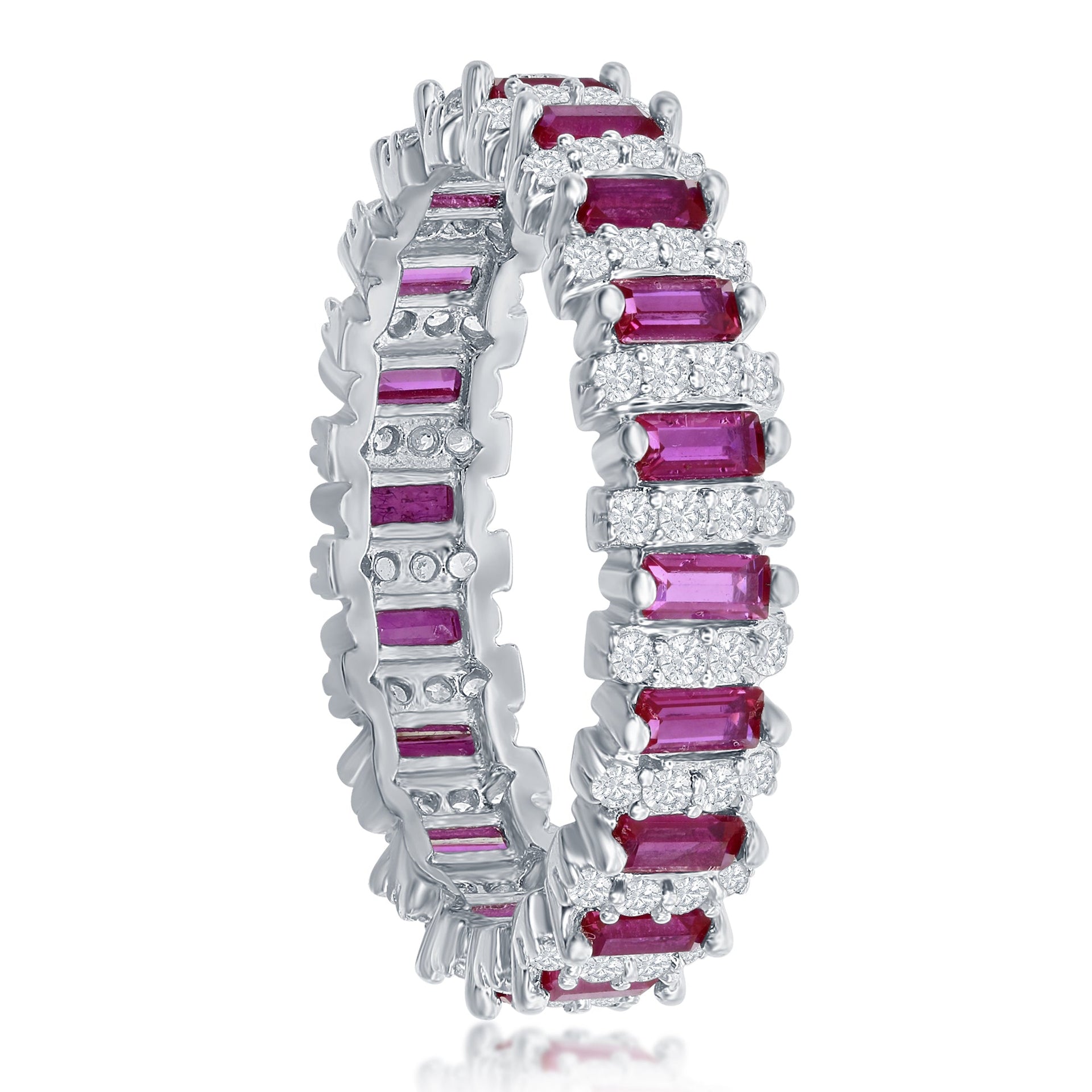Sterling Silver Round & Baguette Eternity Band Ring - Simulated Ruby