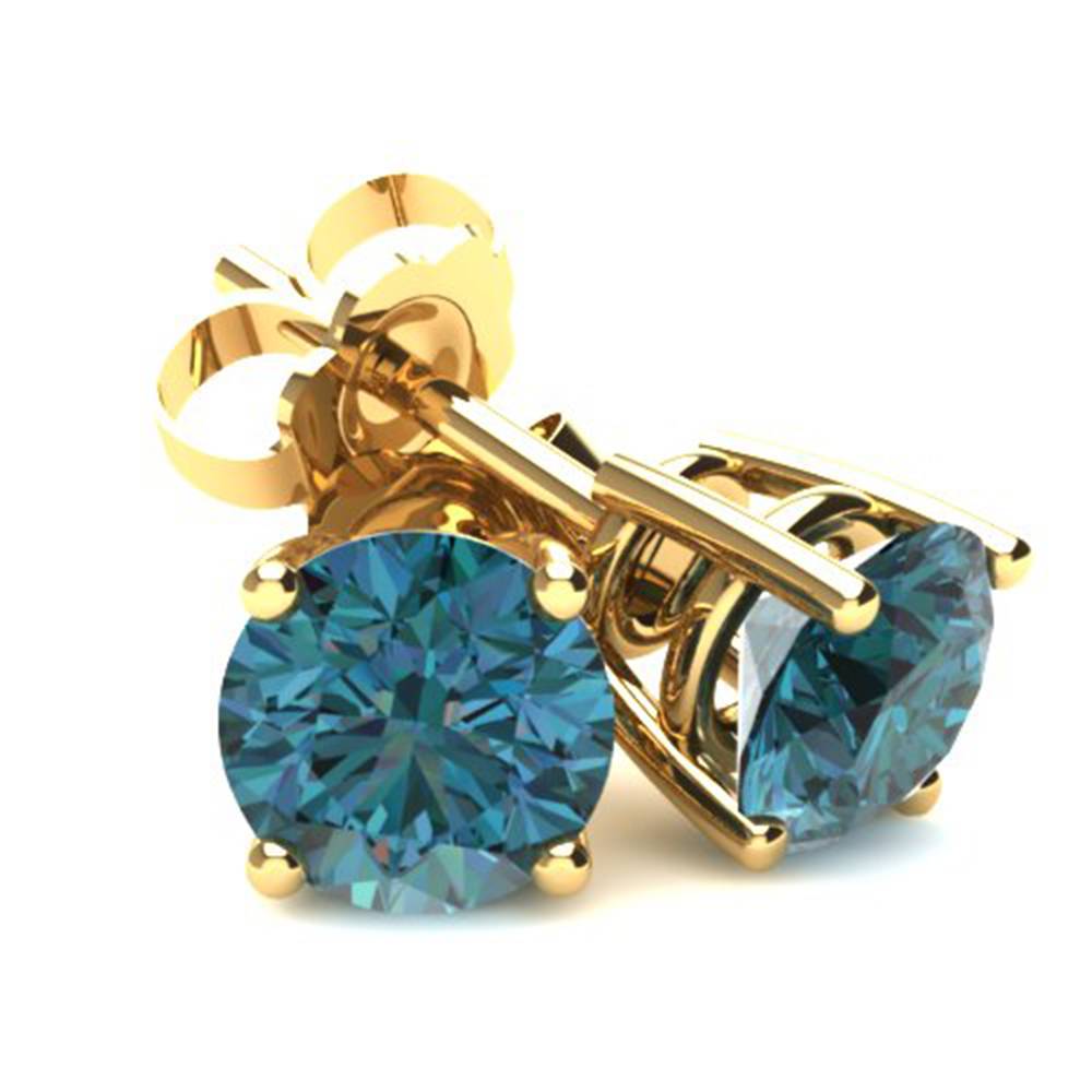 1.00ct Round Brilliant Cut Heat Treated Blue Diamond Stud Earrings In 14K Gold Basket Setting