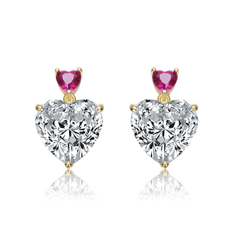 Sterling Silver 14k Gold Plated With Colored Cubic Zirconia Two-stone Heart Dangle Earrings