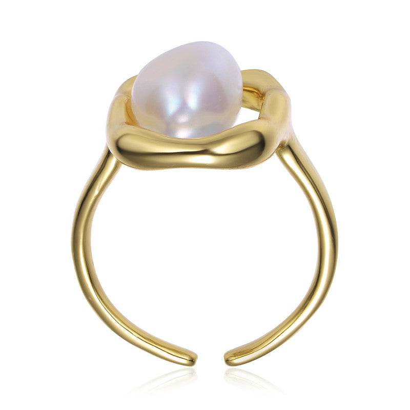 Sterling Silver 14k Gold Plated with Genuine Freshwater Pearl Outline Framed Ring