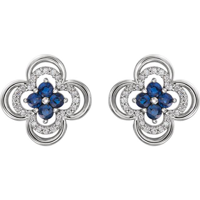.70CT Diamond & Blue Sapphire Clover Studs Earrings 14K White Gold
