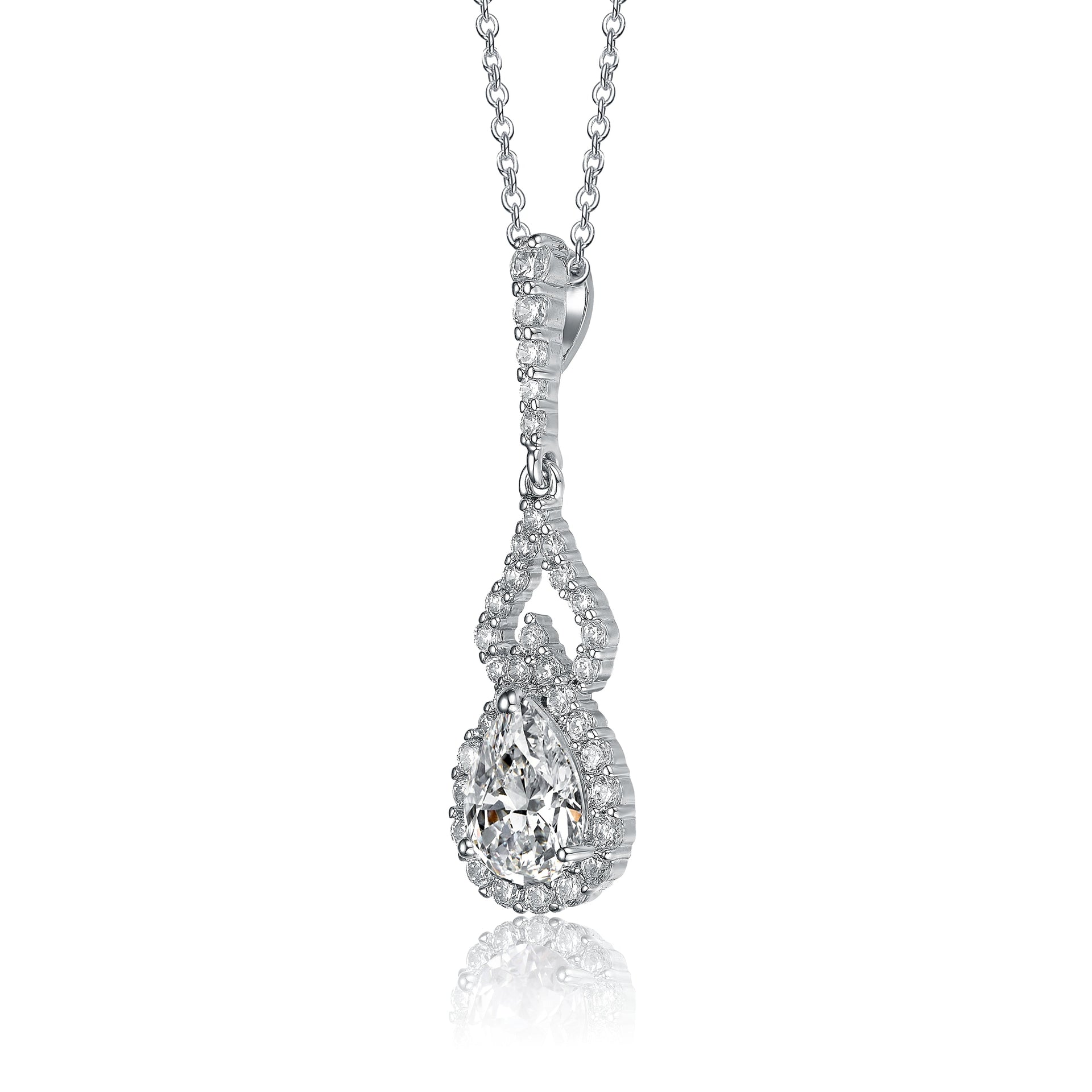 Sterling Silver Cubic Zirconia Halo Two Pear Necklace