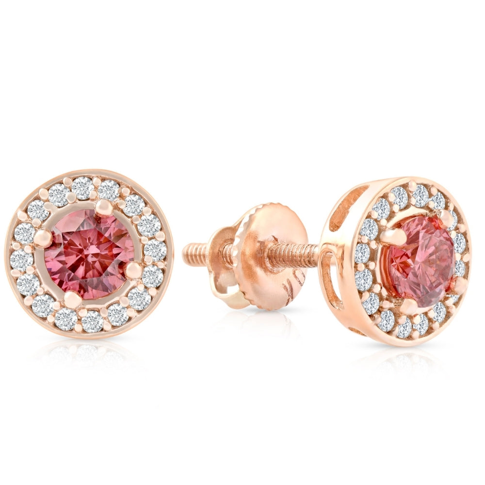 1/2Ct Lab Grown Pink Diamond Halo Screw Back Studs Rose Gold Earrings